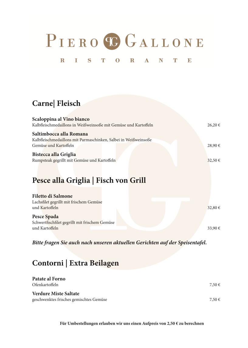 Speisekarte, Italienisches Restaurant Piero Gallone Illertissen