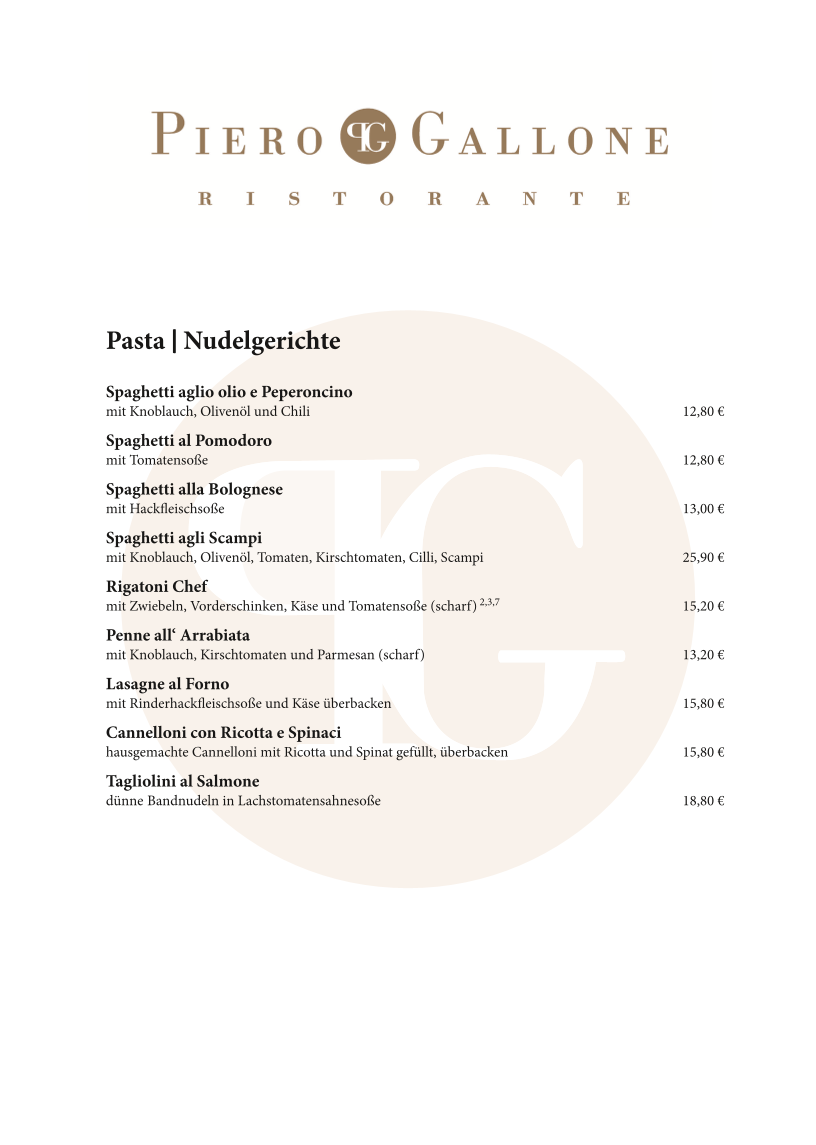 Speisekarte, Italienisches Restaurant Piero Gallone Illertissen