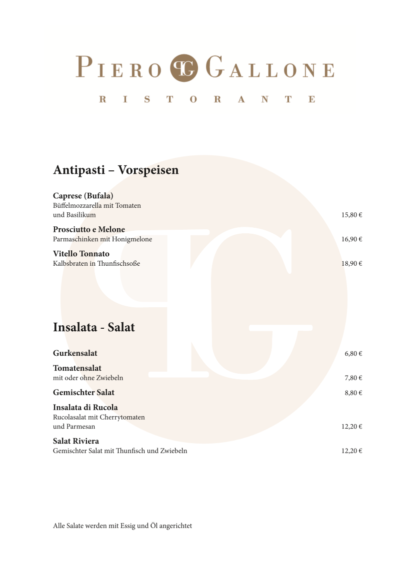 Speisekarte, Italienisches Restaurant Piero Gallone Illertissen