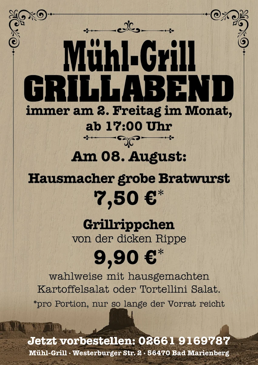 Speisekarte, Mühl-Grill