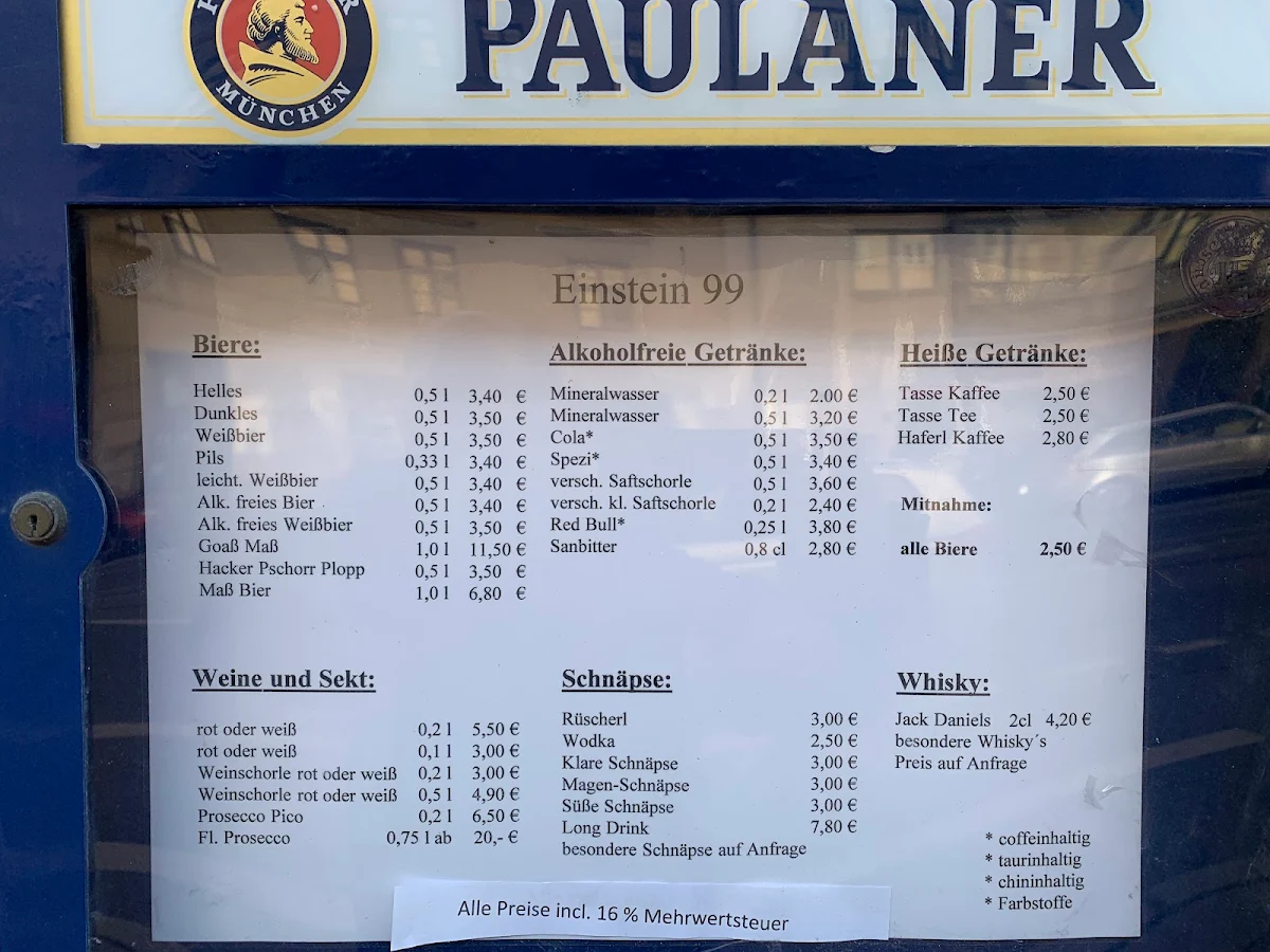 Speisekarte, Einstein 99