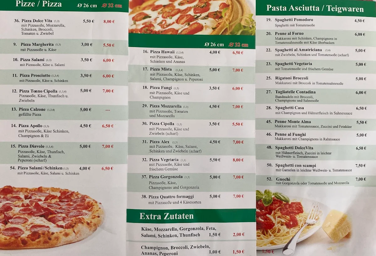 Speisekarte, Pizzeria Dolce Vita