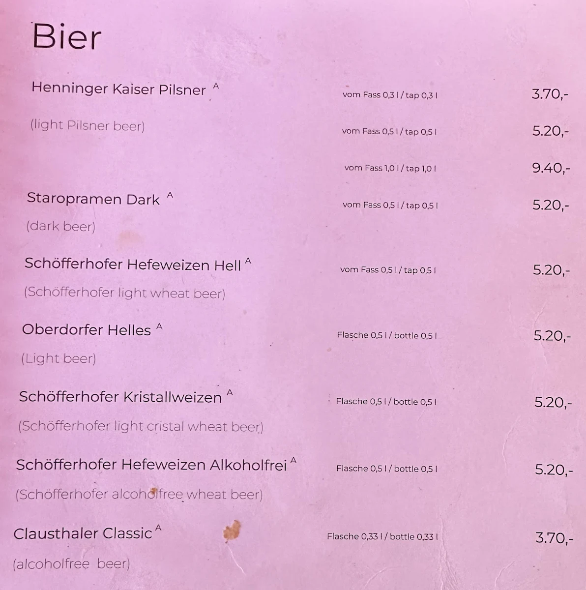 Speisekarte, Alten Limpurg