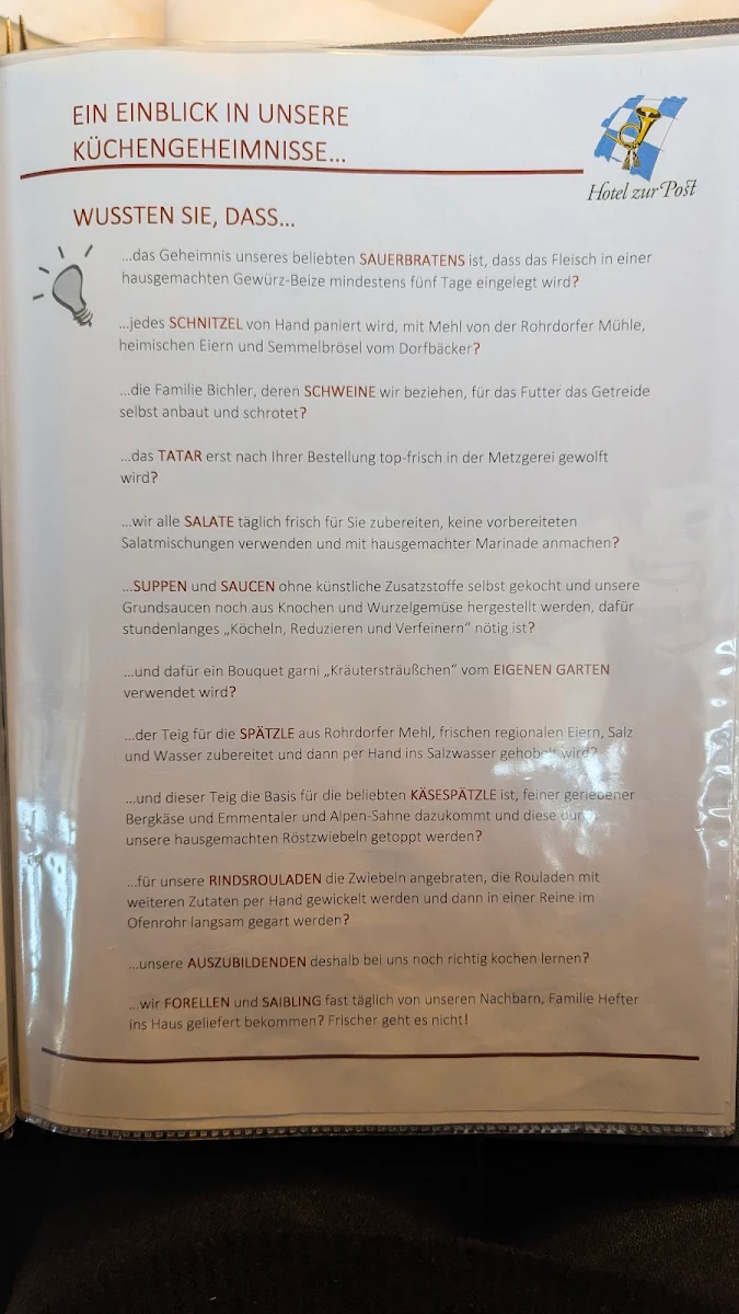 Speisekarte, Biergarten Hotel Zur Post