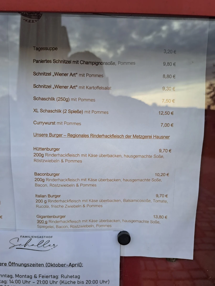 Speisekarte, Familiengasthof Schaller
