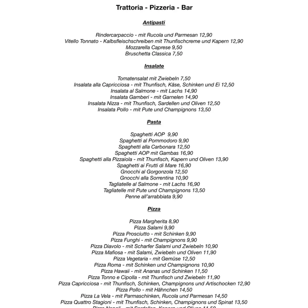 Speisekarte, La Vela - Trattoria - Pizzeria - Bar