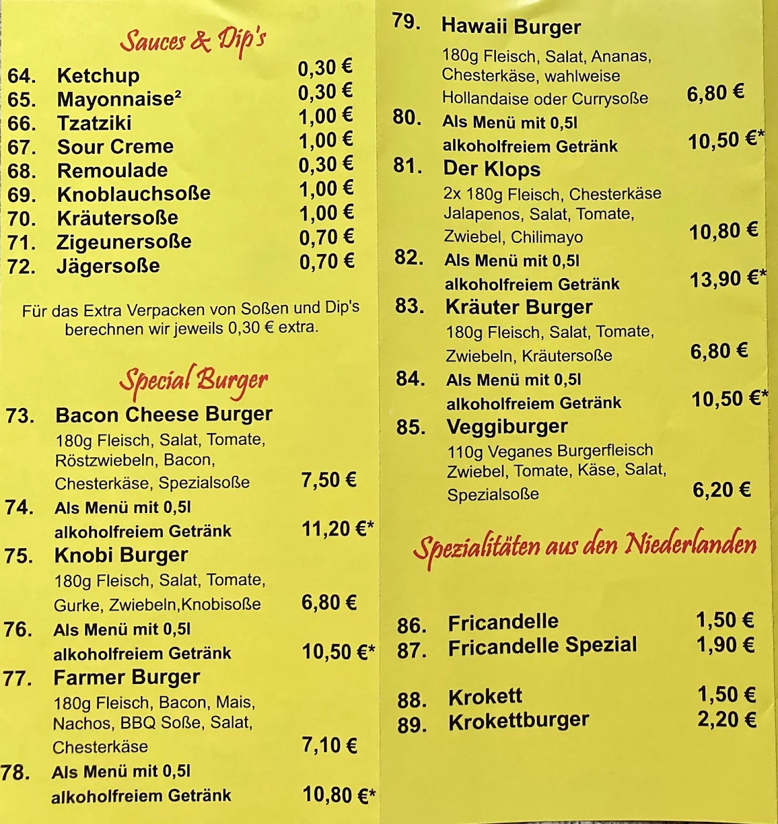 Speisekarte, Pommes Werkstatt