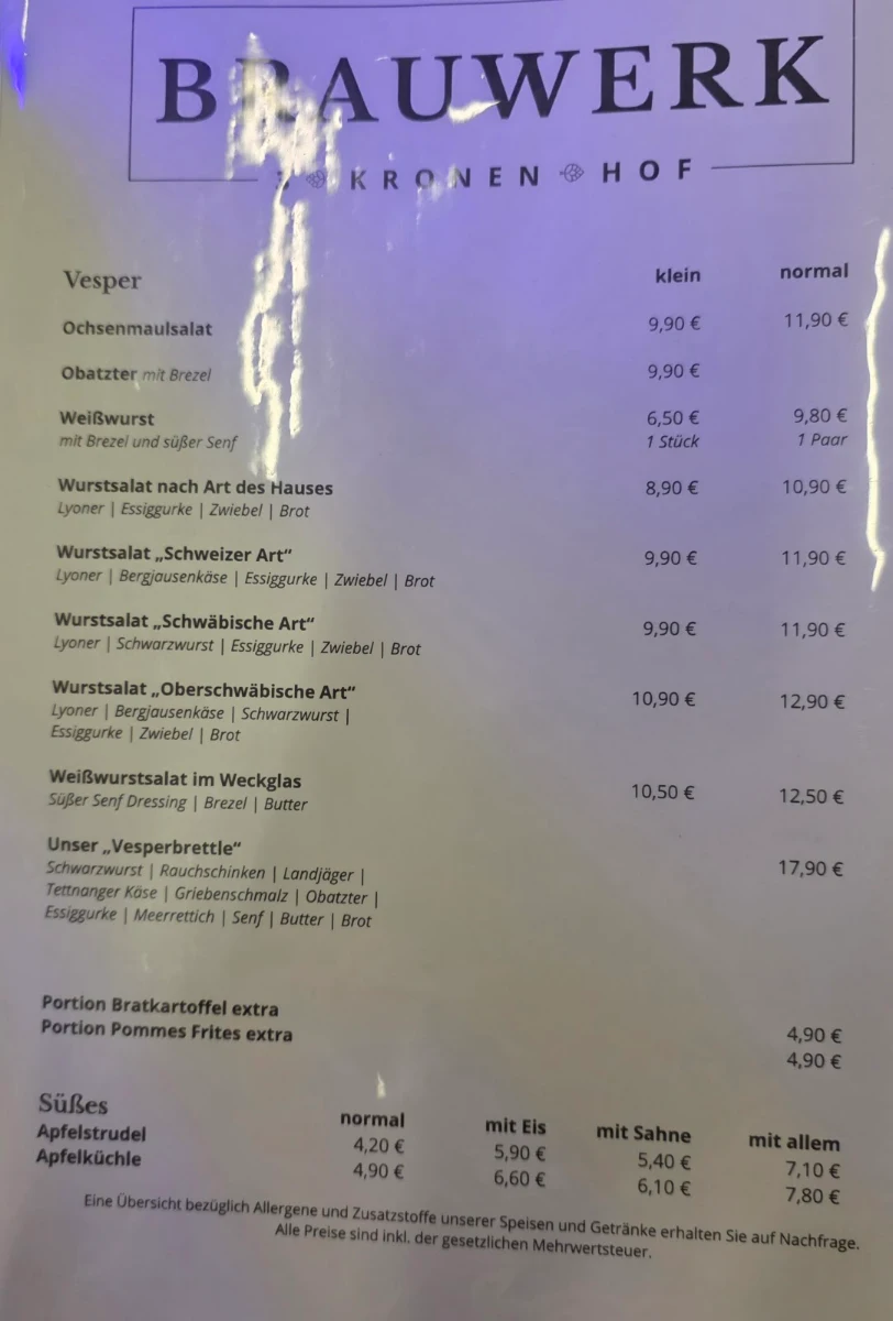 Speisekarte, Brauwerk 3 Kronen Hof