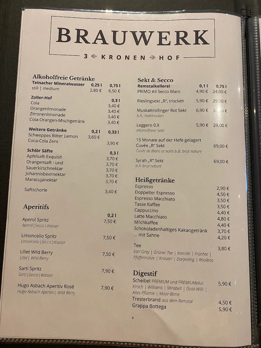 Speisekarte, Brauwerk 3 Kronen Hof