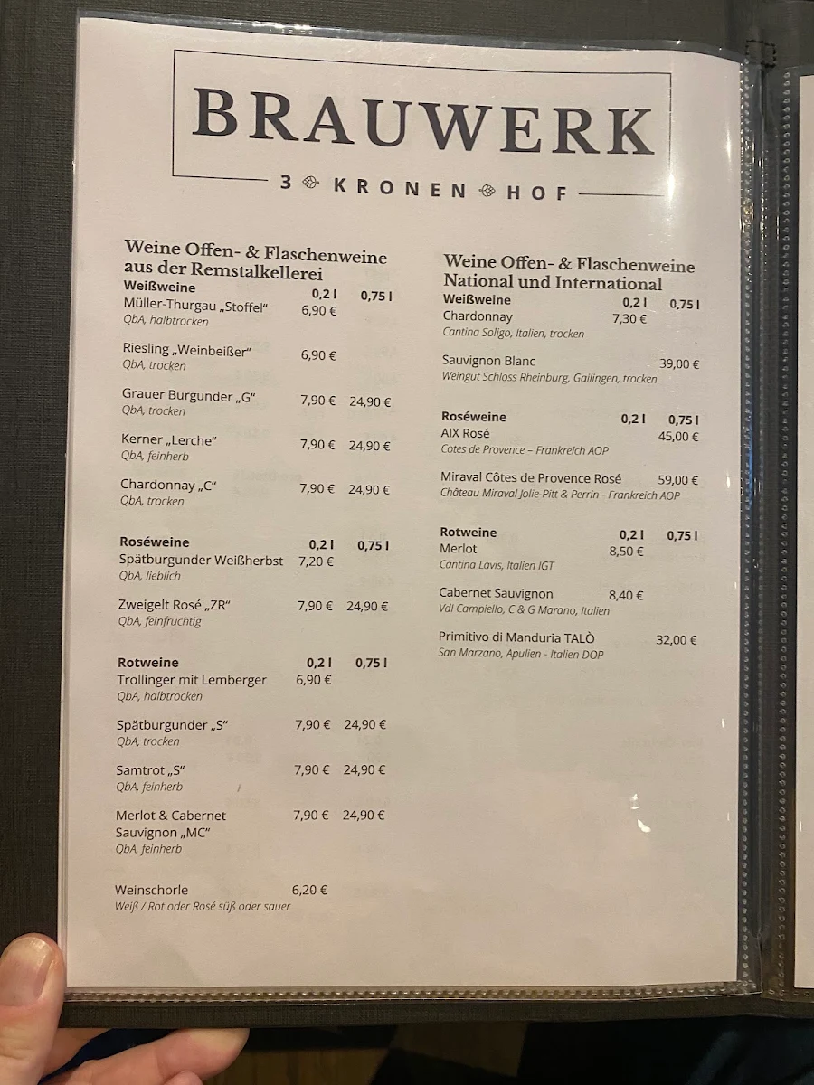 Speisekarte, Brauwerk 3 Kronen Hof