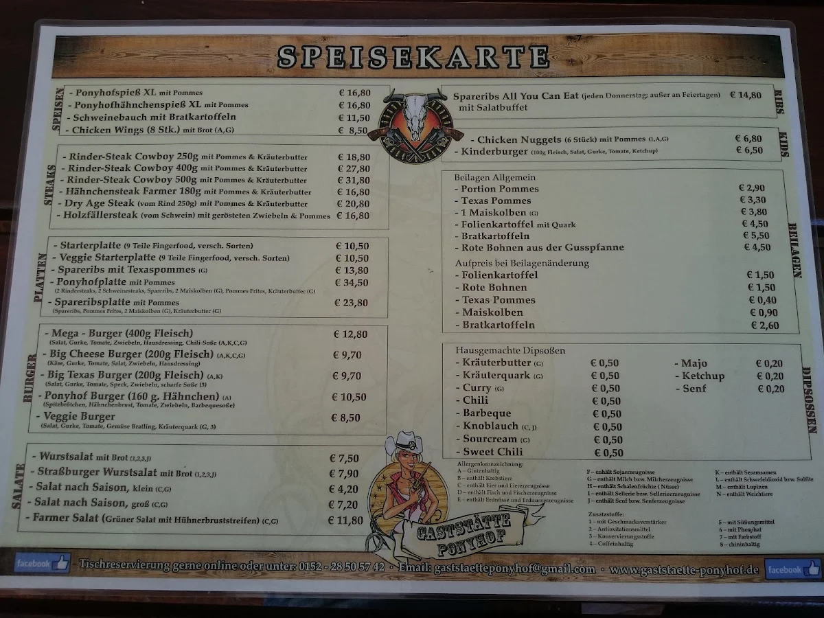 Speisekarte, Gaststätte Ponyhof