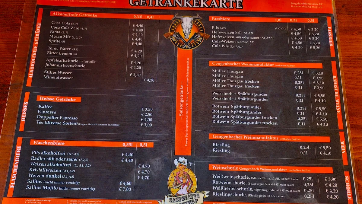 Speisekarte, Gaststätte Ponyhof
