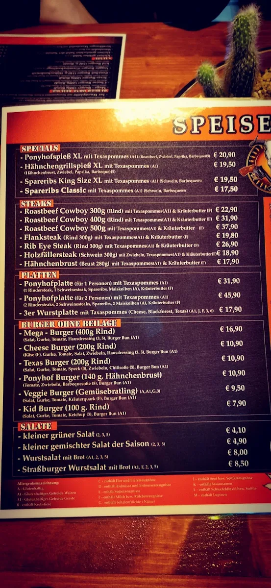 Speisekarte, Gaststätte Ponyhof