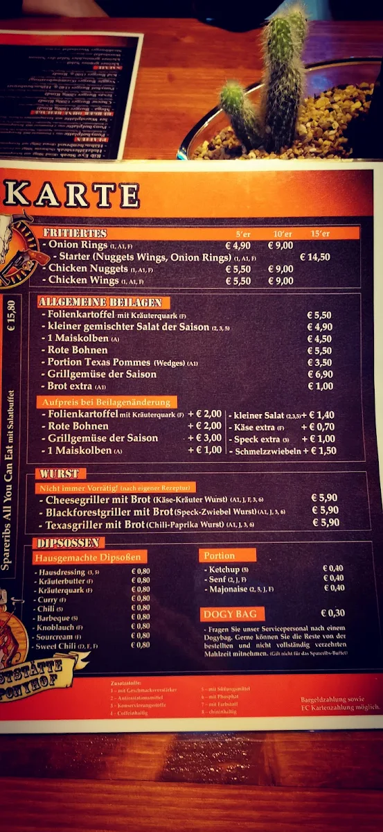 Speisekarte, Gaststätte Ponyhof