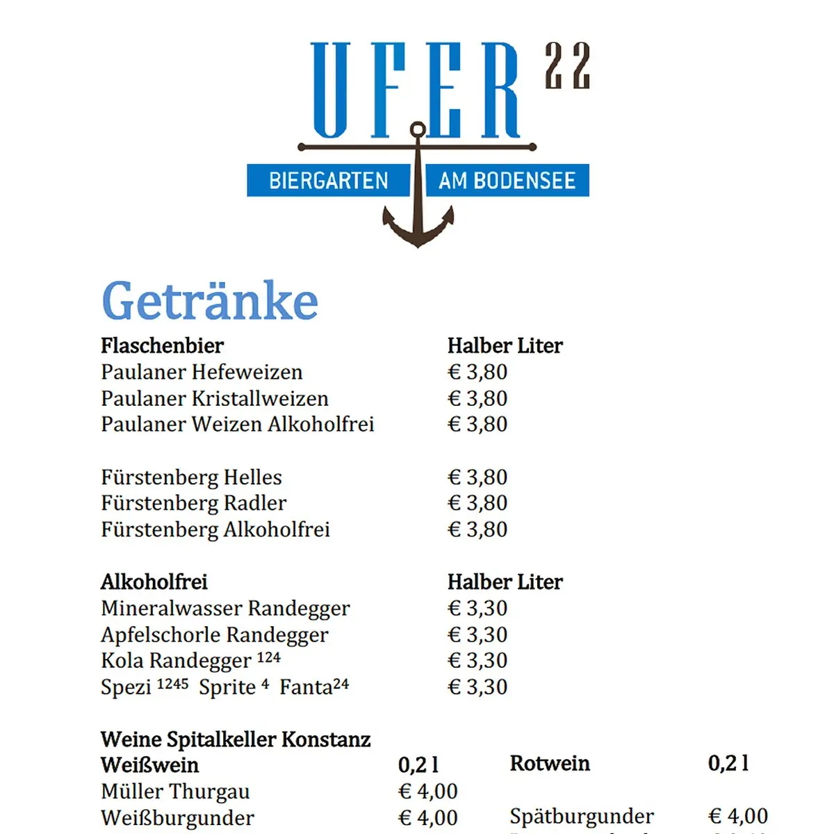Speisekarte, UFER 22 – Ihr Biergarten am Bodensee