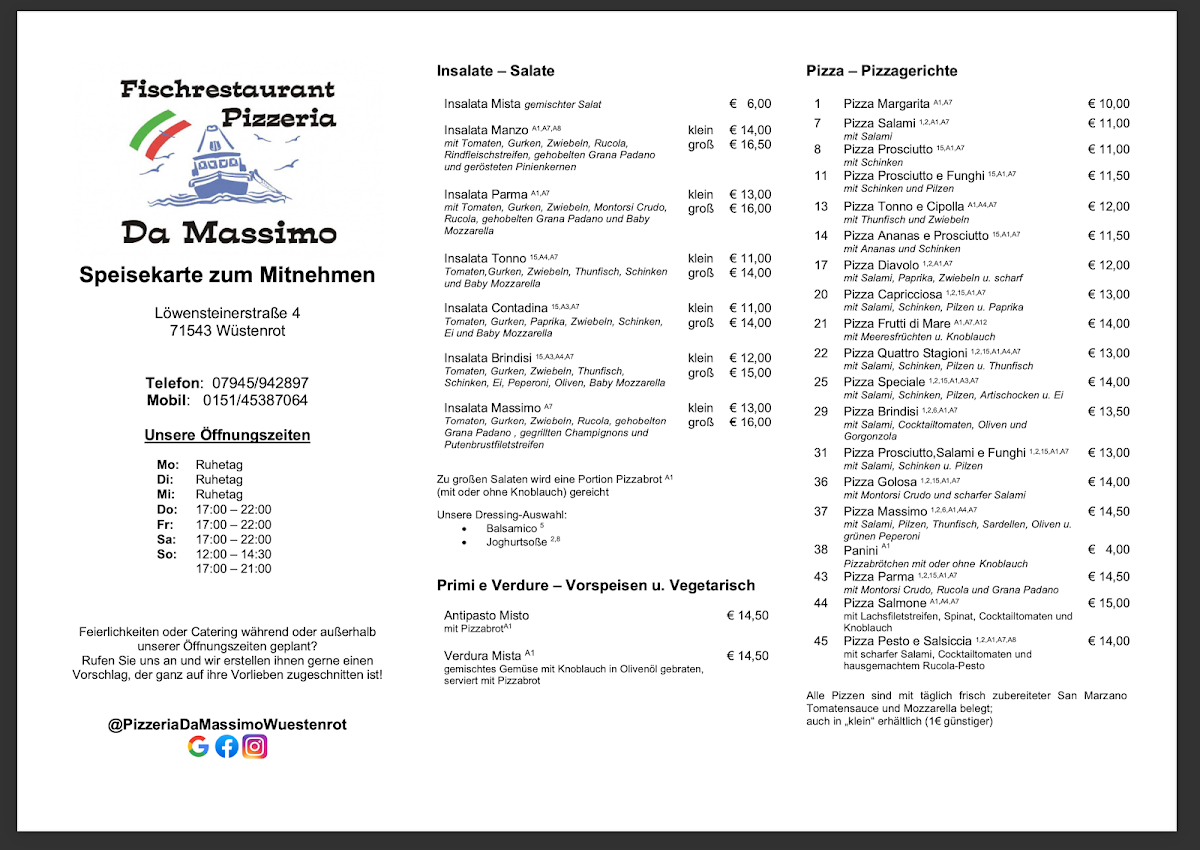 Speisekarte, Pizzeria Da Massimo