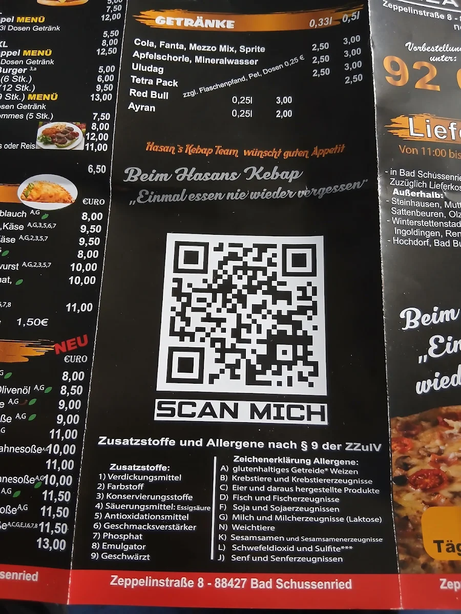 Speisekarte, Döner-Pizza-Kebab Hasans
