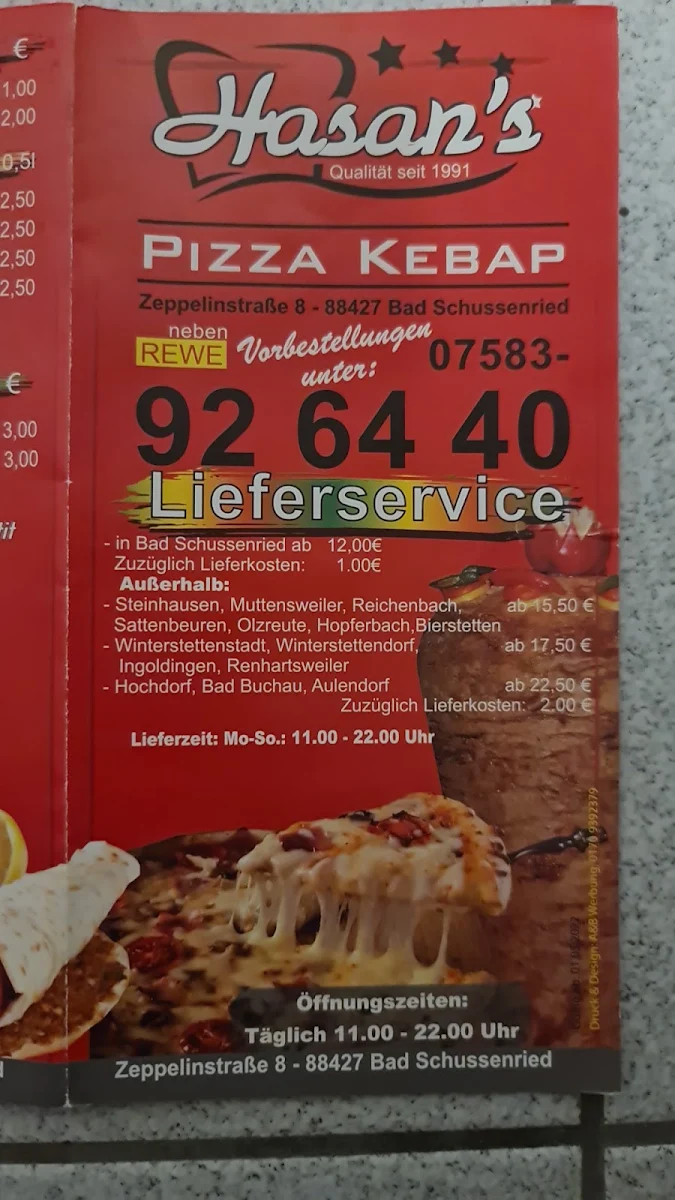 Speisekarte, Döner-Pizza-Kebab Hasans