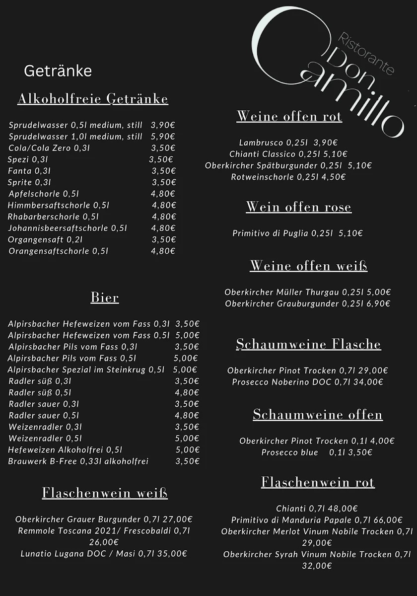 Speisekarte, Ristorante-Pizzeria Don Camillo Oberkirch