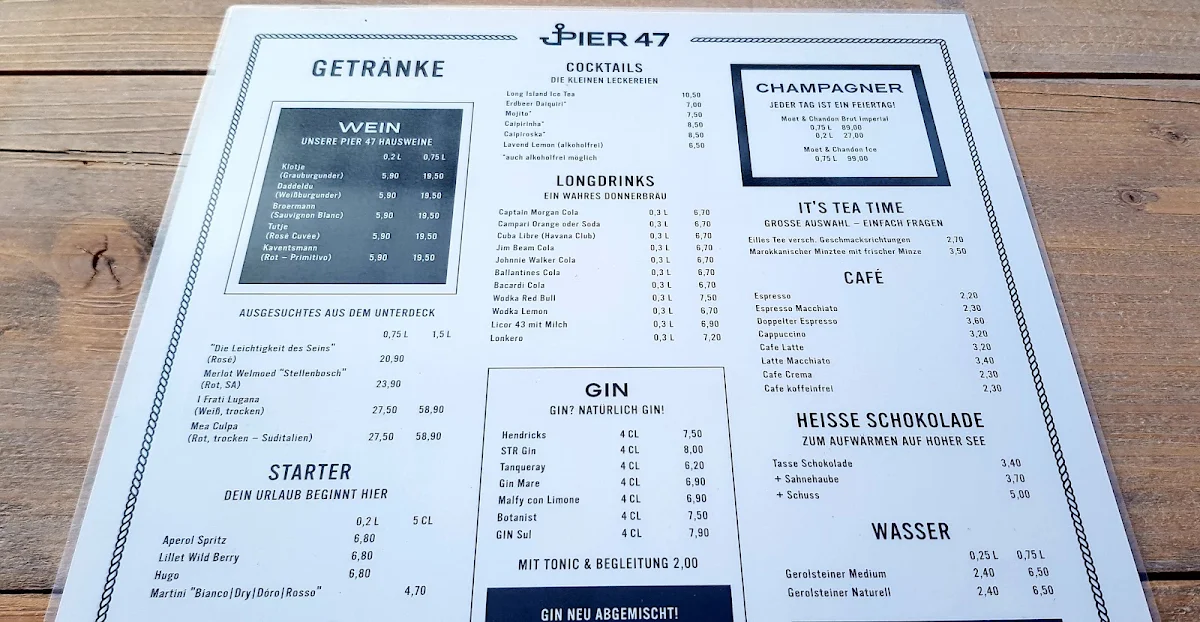 Speisekarte, Pier 47