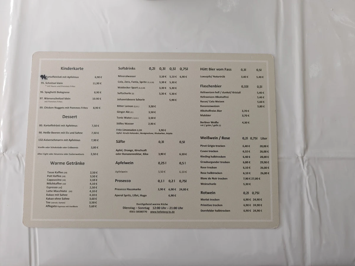 Speisekarte, Gasthaus Helleberg