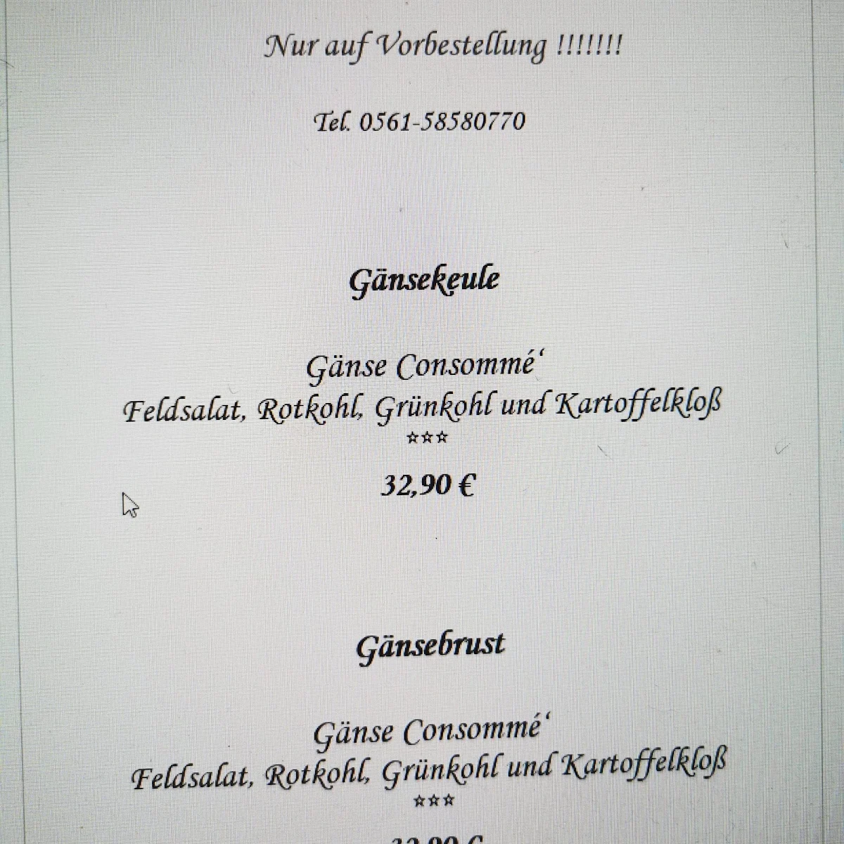 Speisekarte, Gasthaus Helleberg