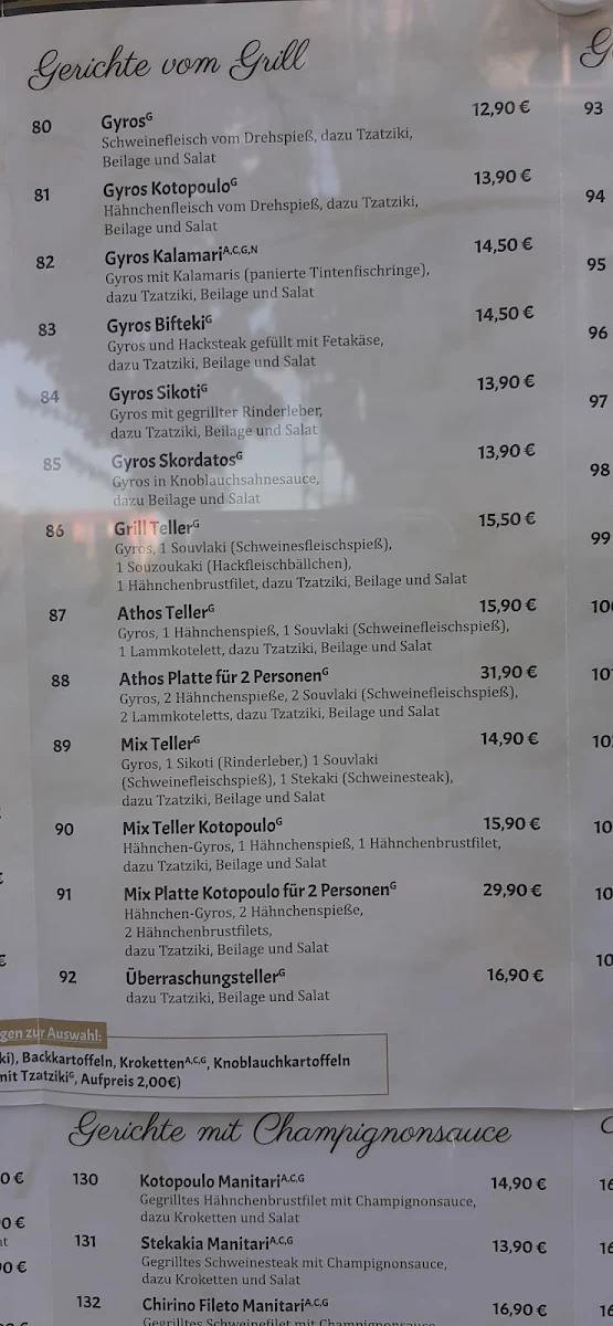 Speisekarte, Restaurant Athos Luckenwalde