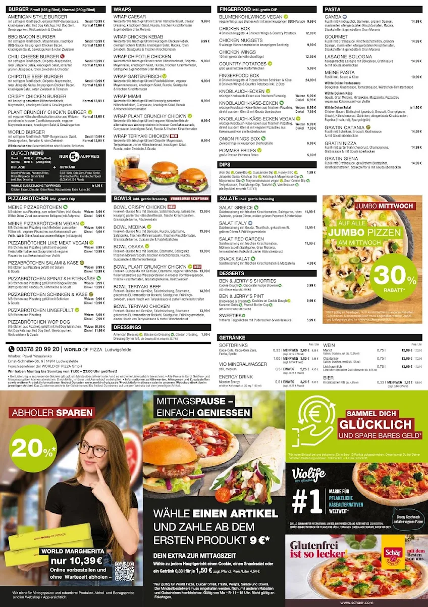 Speisekarte, WORLD OF PIZZA Ludwigsfelde