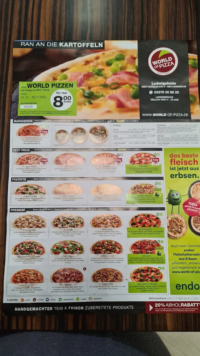 Speisekarte, WORLD OF PIZZA Ludwigsfelde