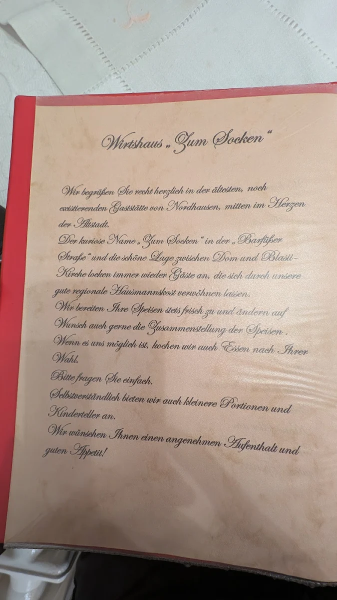 Speisekarte, Restaurant Zum Socken