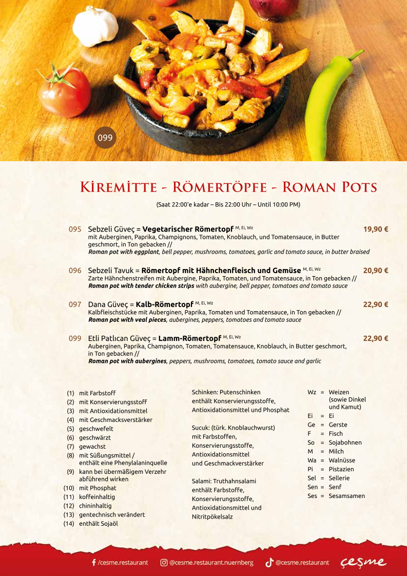 Speisekarte, cesme Restaurant