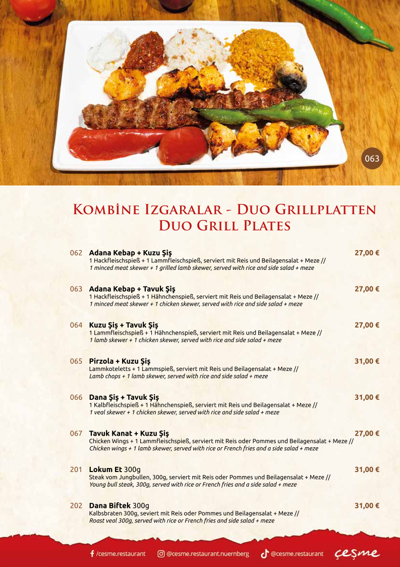 Speisekarte, cesme Restaurant
