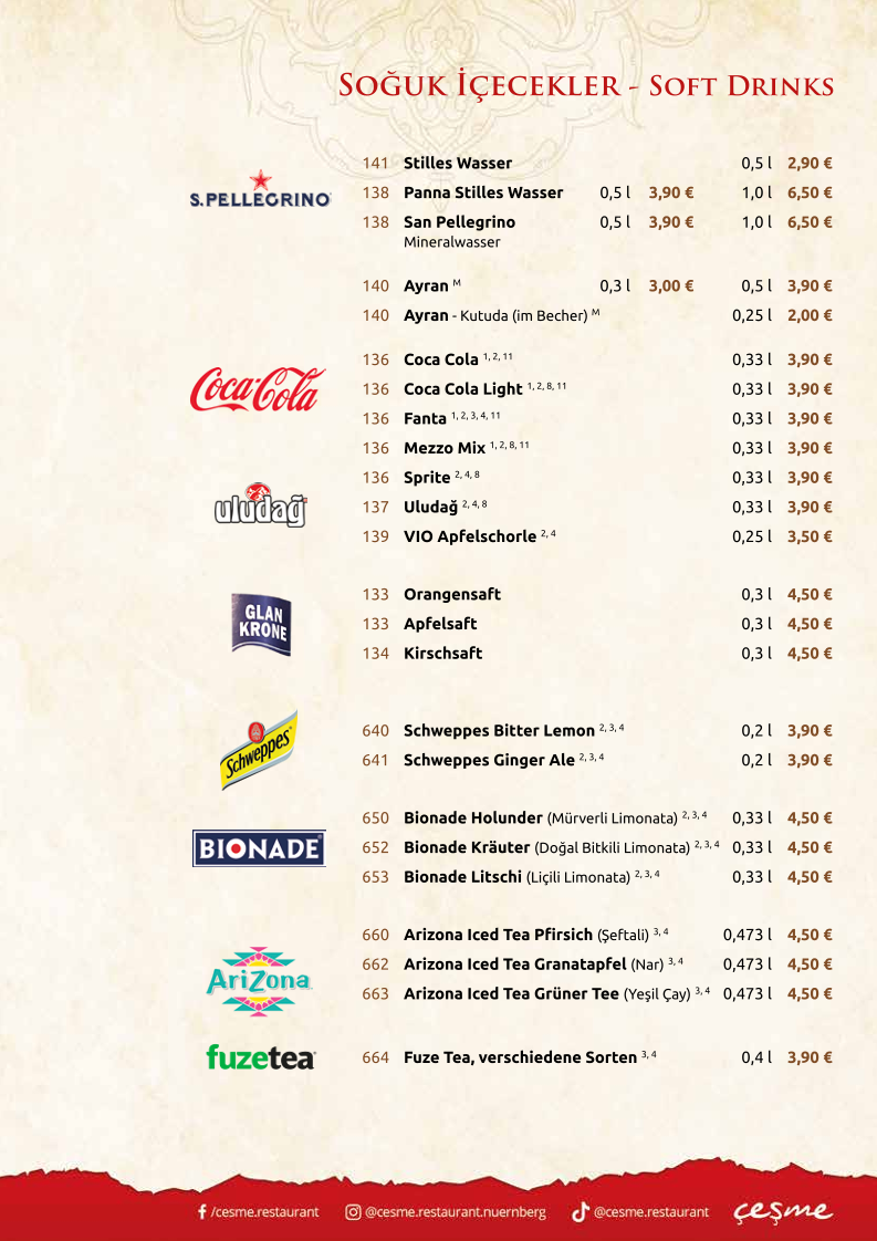 Speisekarte, cesme Restaurant