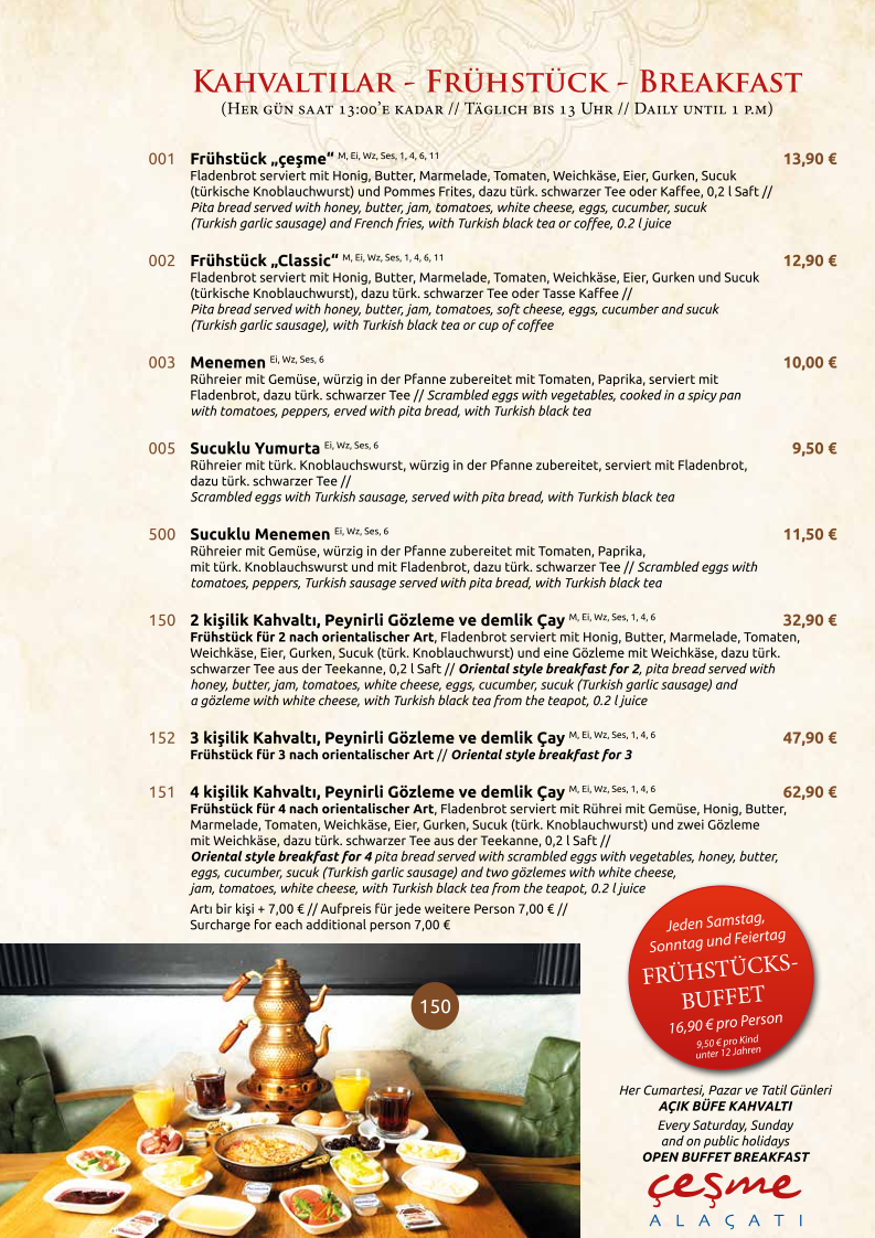Speisekarte, cesme Restaurant