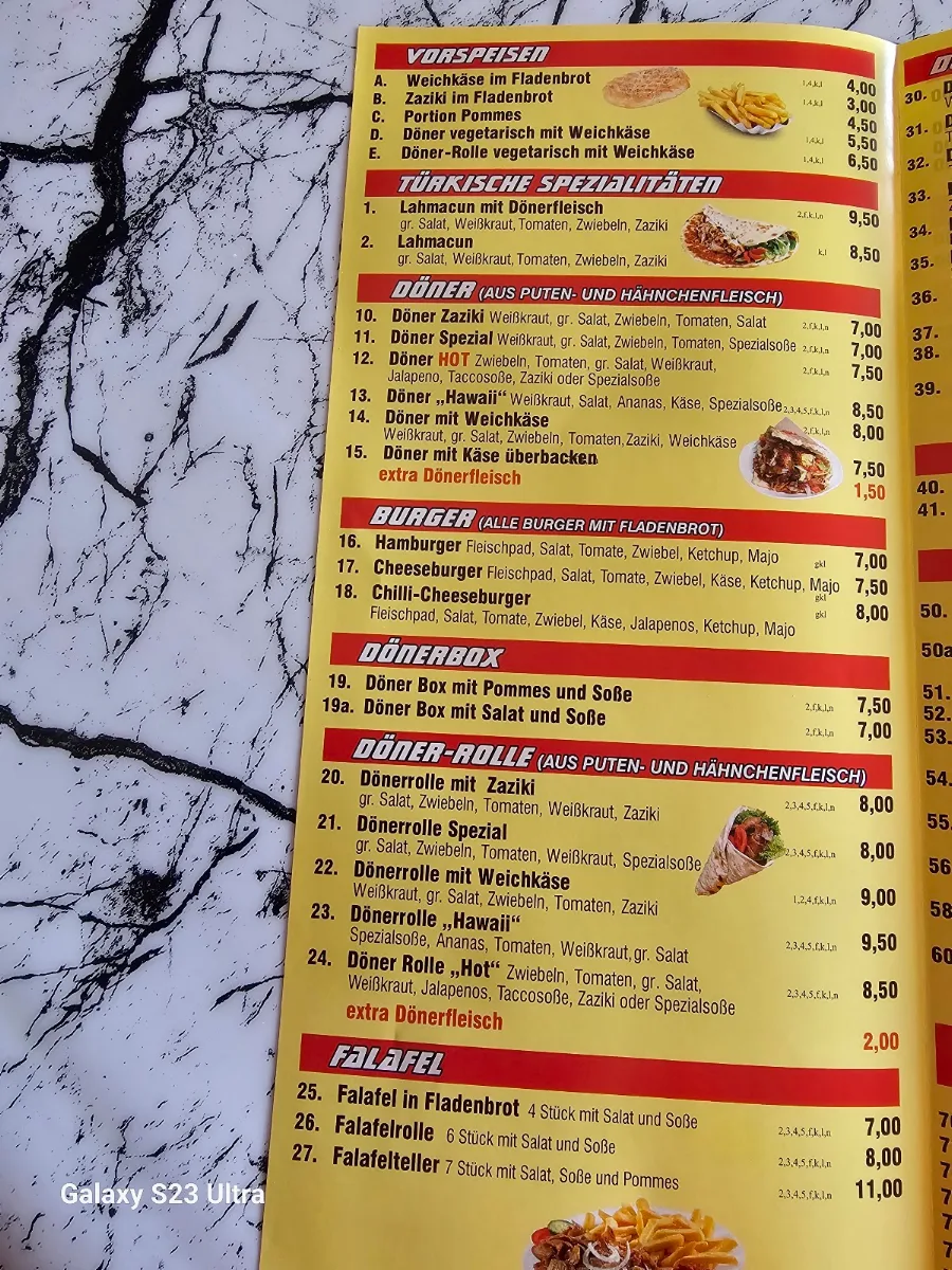 Speisekarte, STAR GRILL