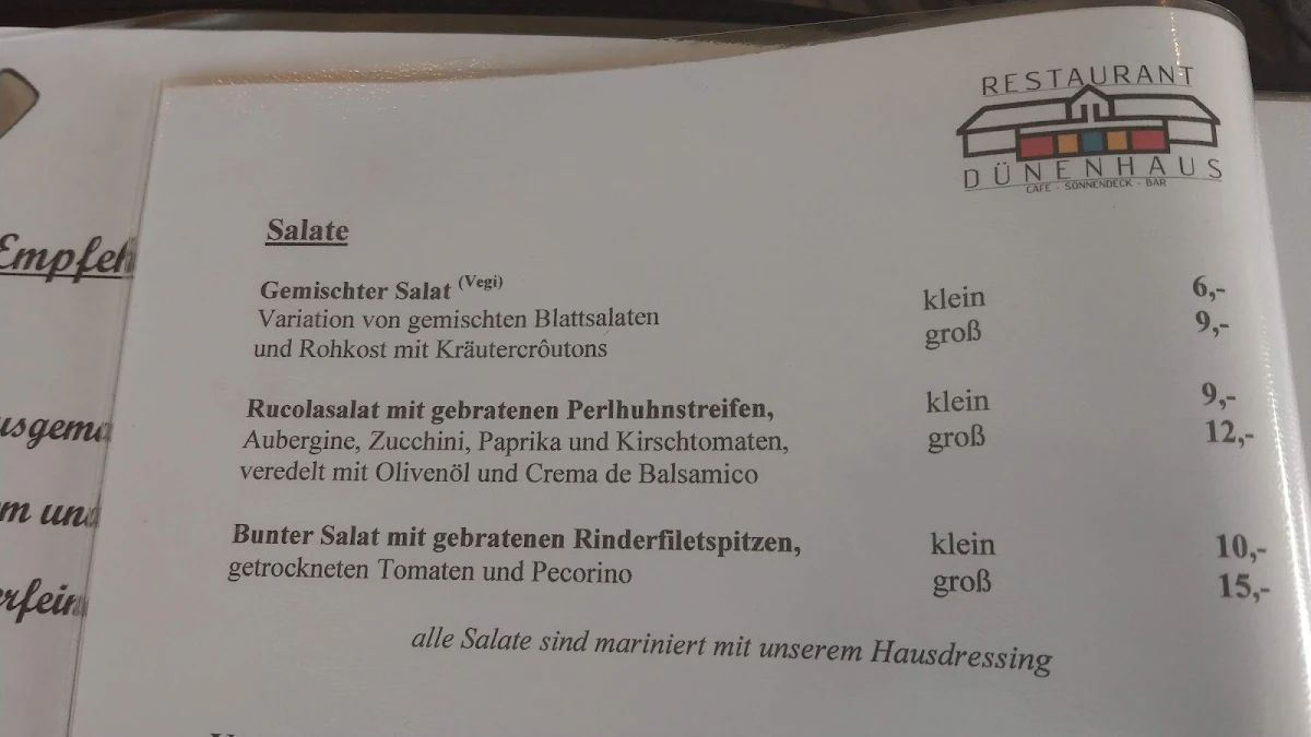 Speisekarte, Dünenhaus Fischladen