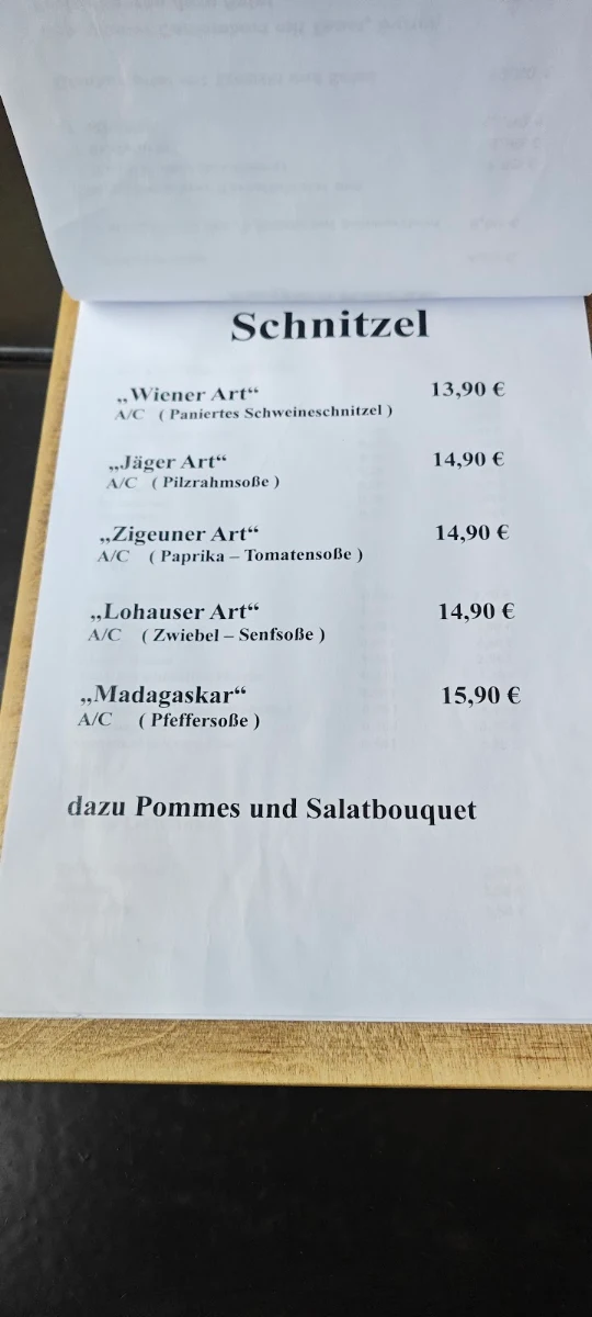 Speisekarte, Gaststätte Im kühlen Grund