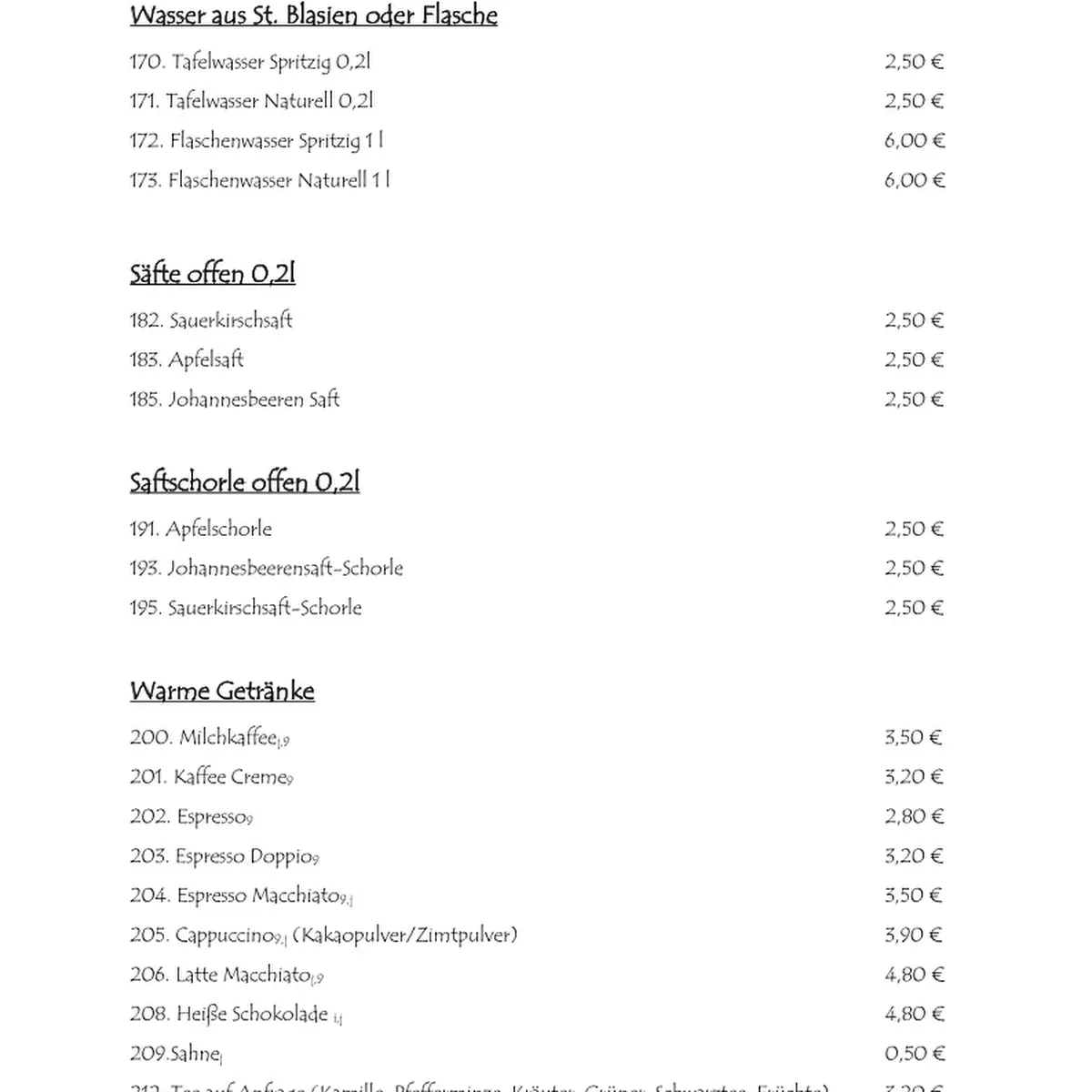Speisekarte, Zum Vasi