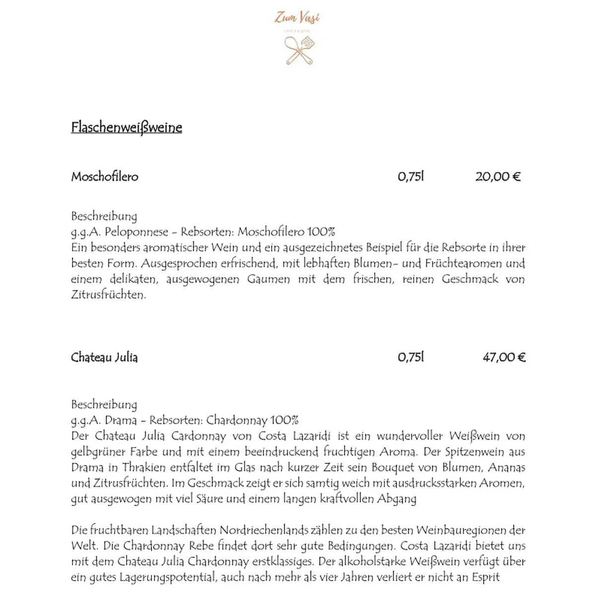 Speisekarte, Zum Vasi