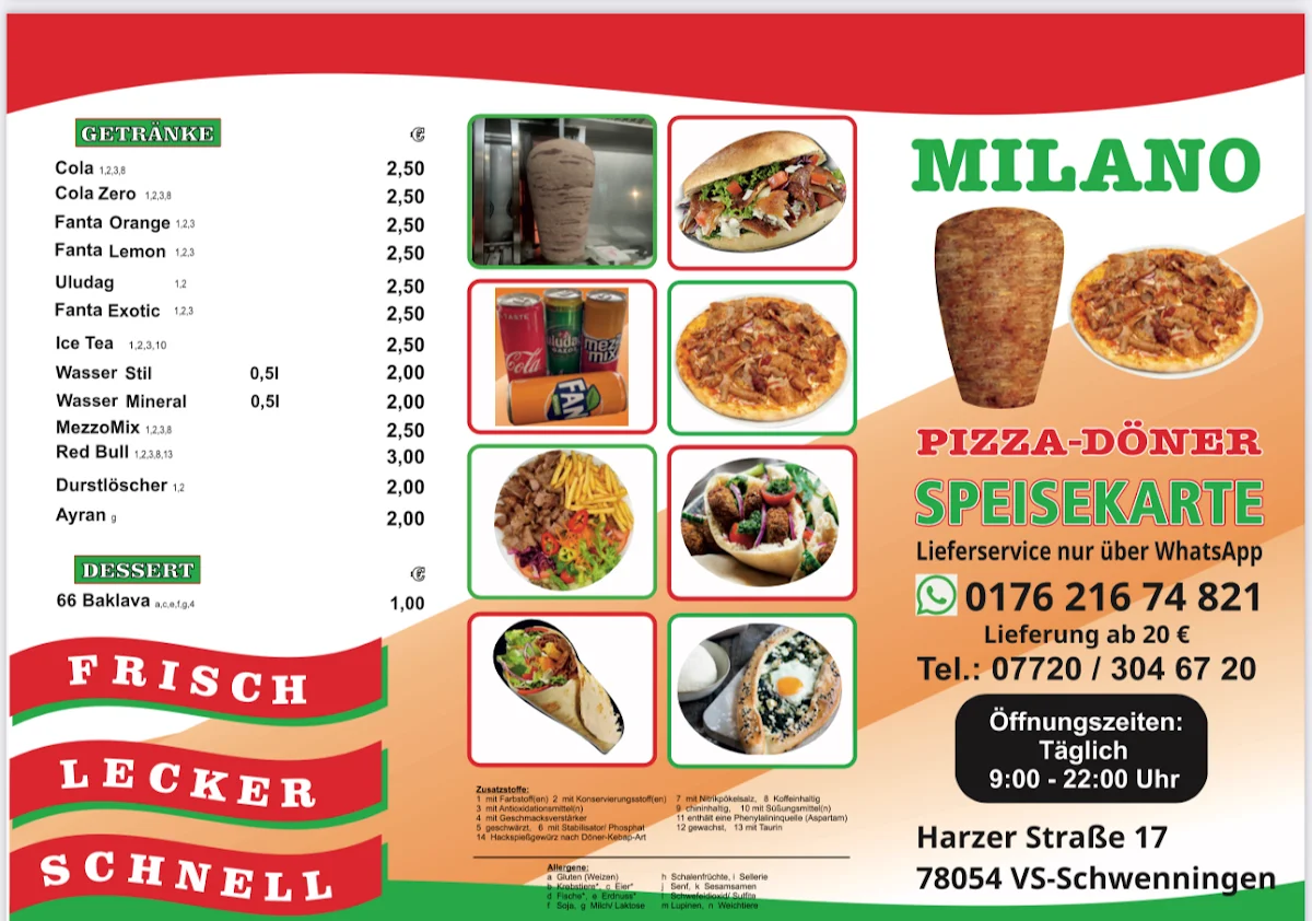 Speisekarte, Milano Pizza