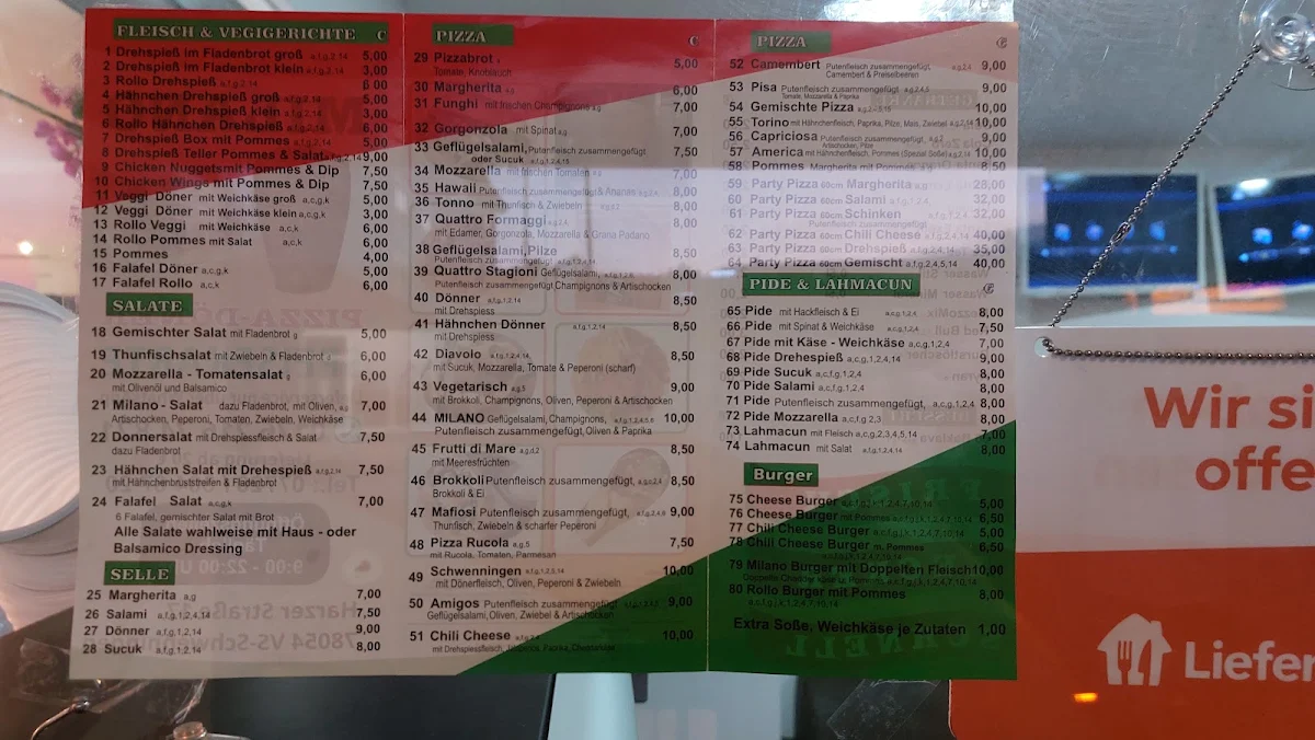 Speisekarte, Milano Pizza