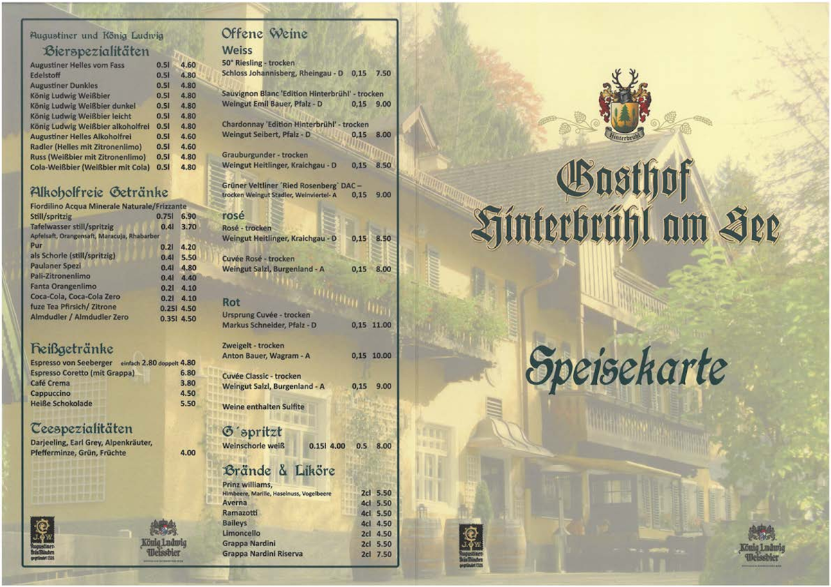 Speisekarte, Gasthof Hinterbrühl