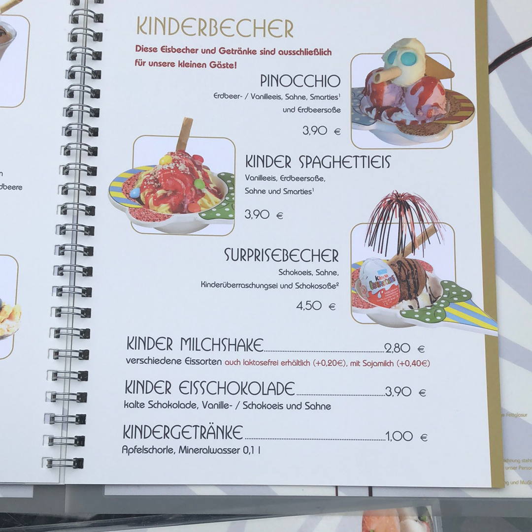 Speisekarte, Eiscafé BACI