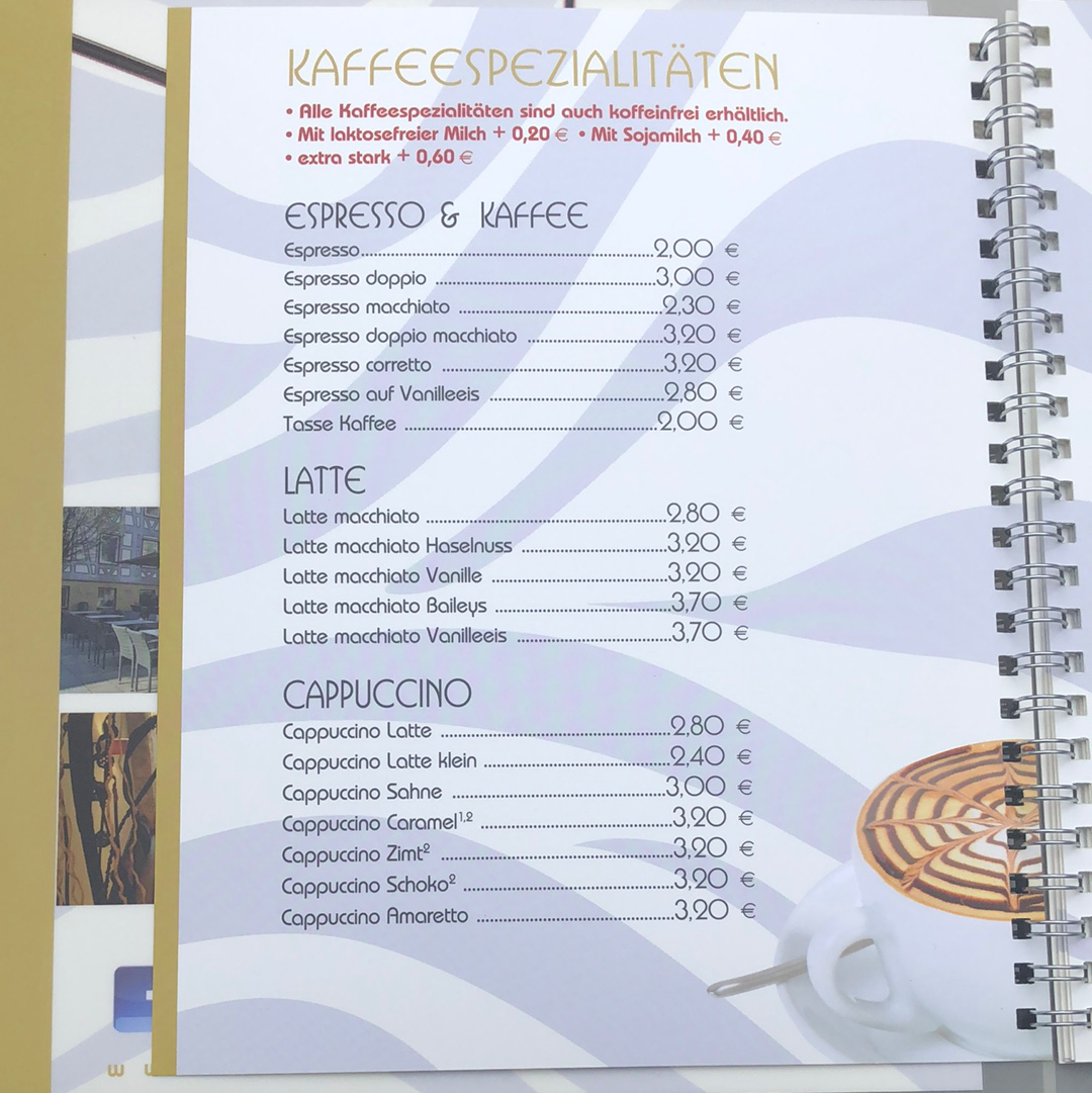 Speisekarte, Eiscafé BACI