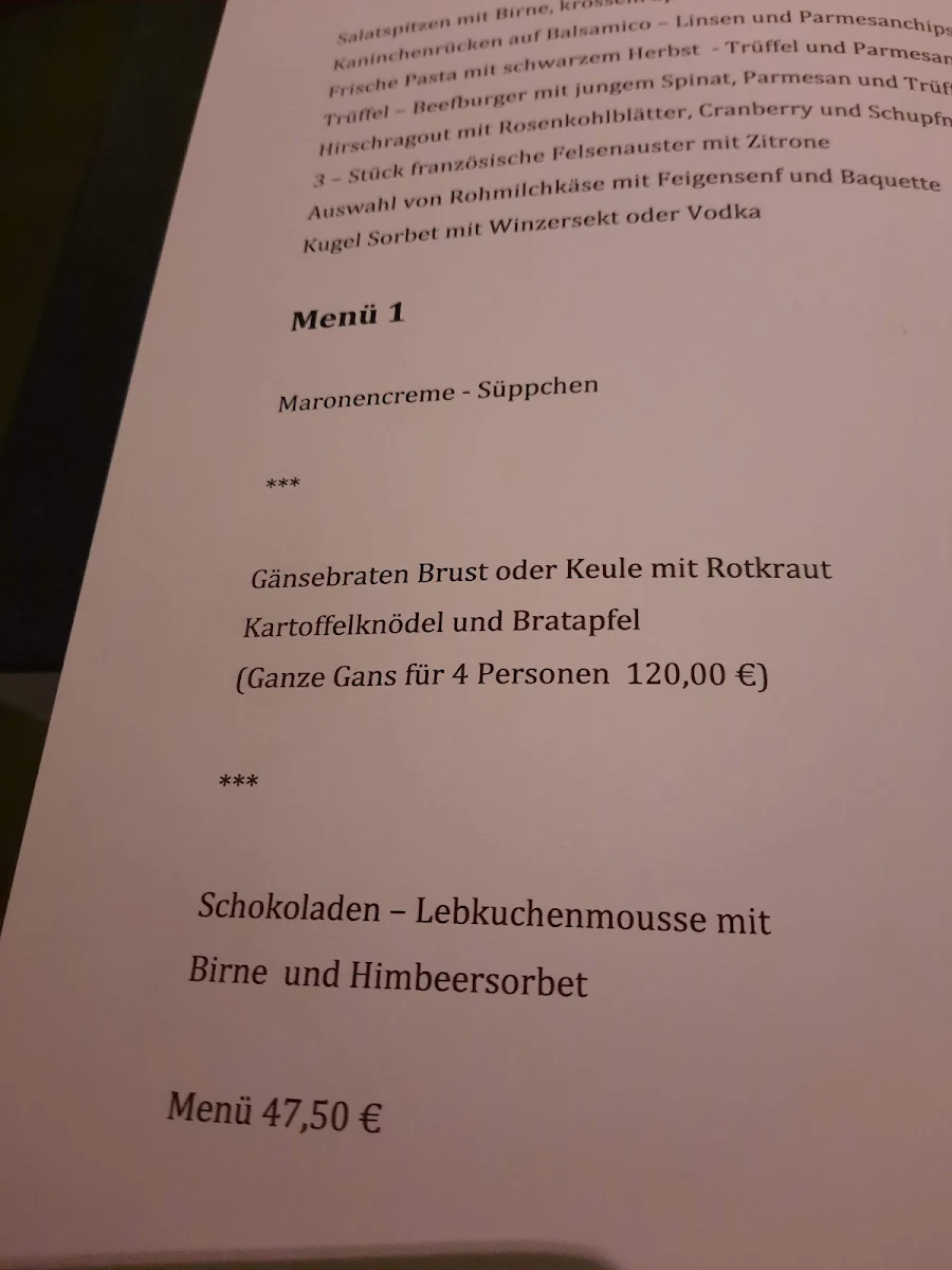 Speisekarte, Restaurant Eulenstein