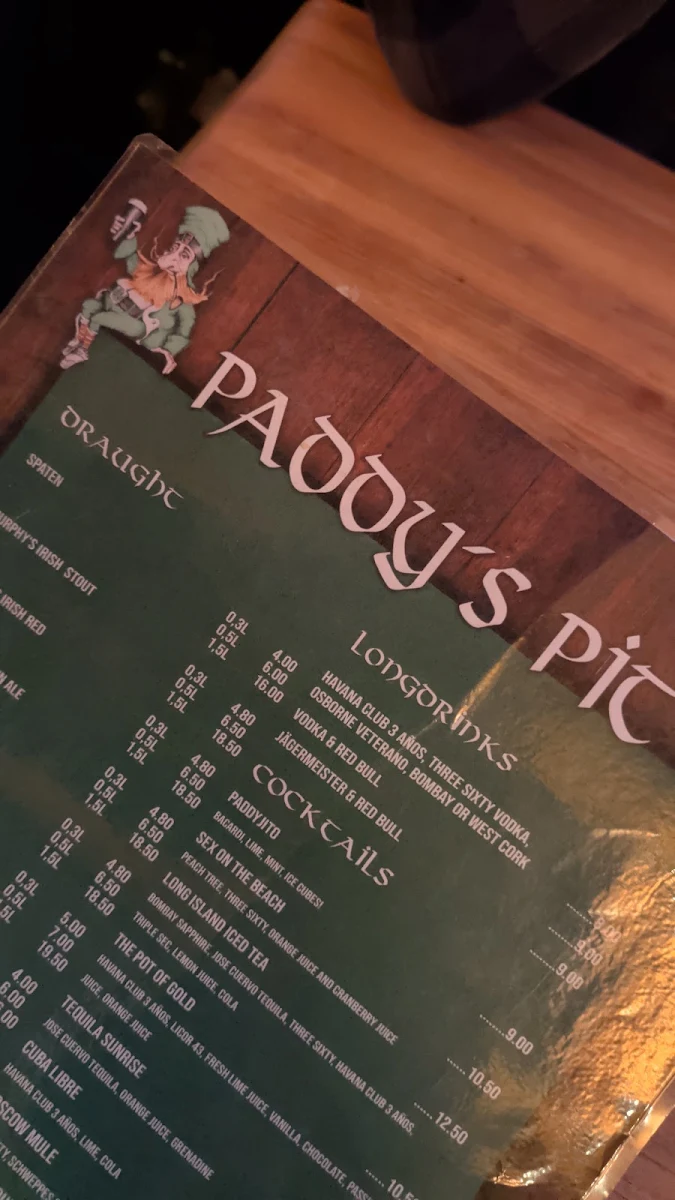 Speisekarte, Paddy's Pit Irish Pub Bremen