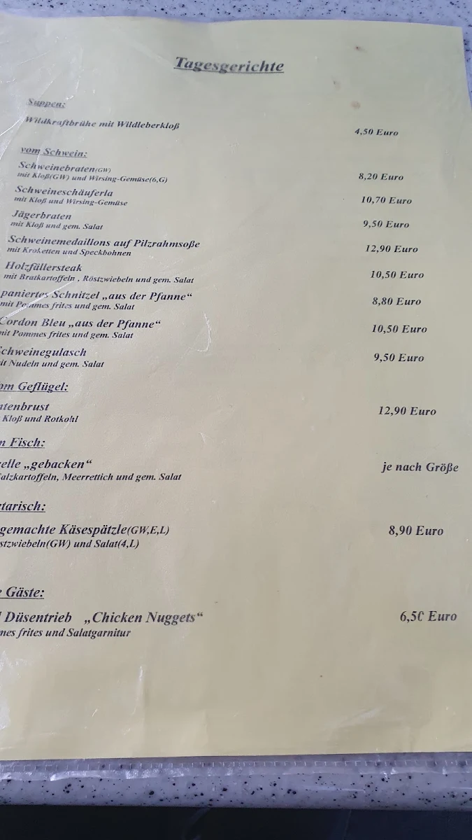 Speisekarte, Gasthaus Bärenschlucht