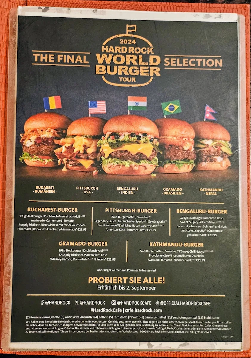 Speisekarte, Hard Rock Cafe Köln