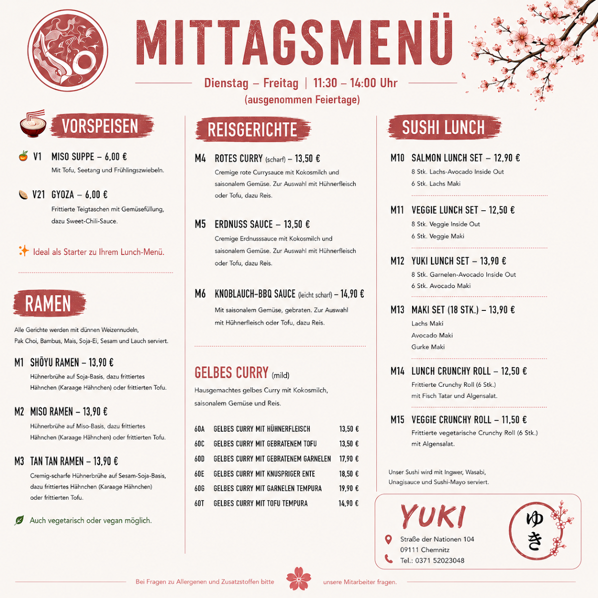 Speisekarte, Yuki Restaurant
