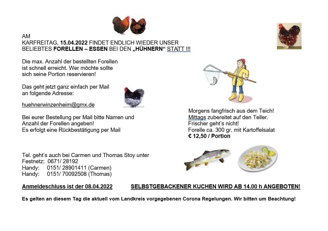 Speisekarte, Clubheimgaststätte • Die Hühner